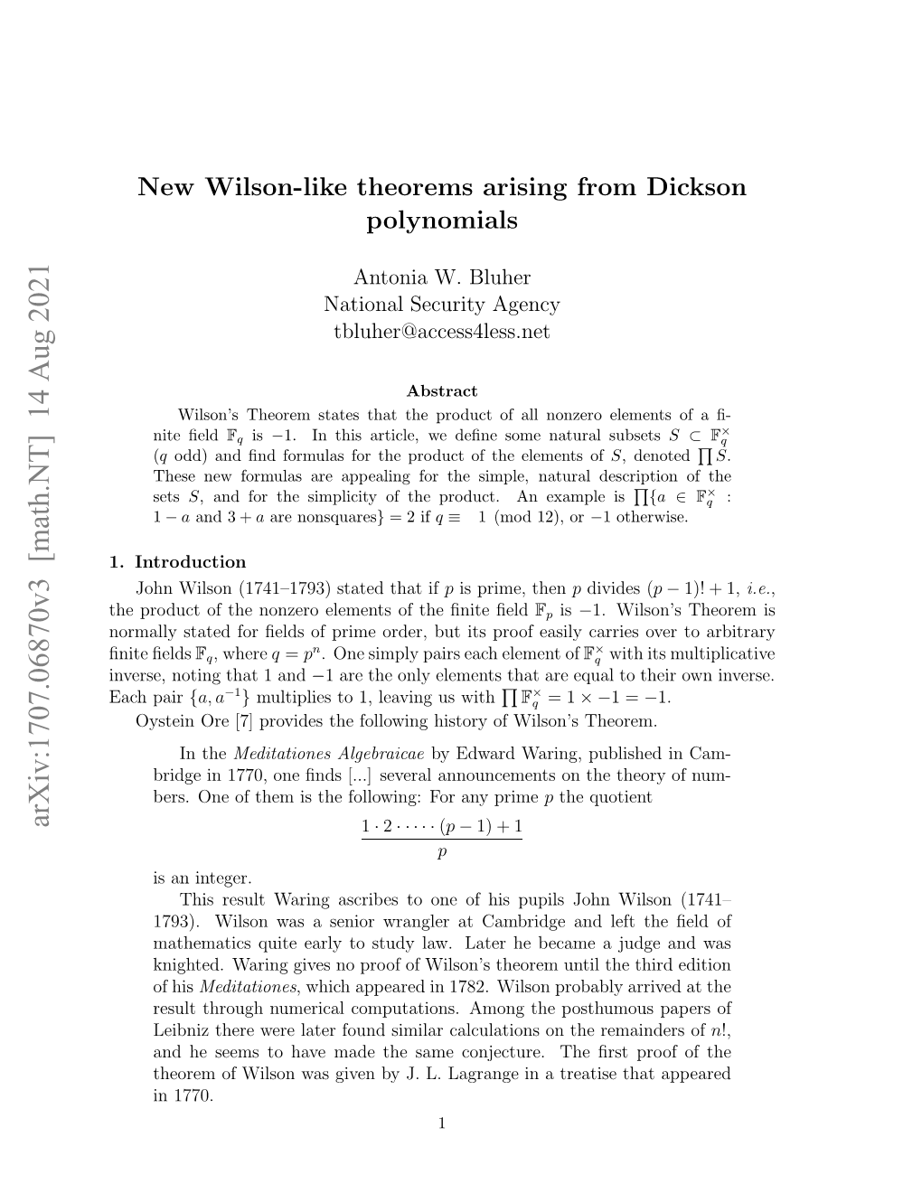 Arxiv:1707.06870V3 [Math.NT] 14 Aug 2021