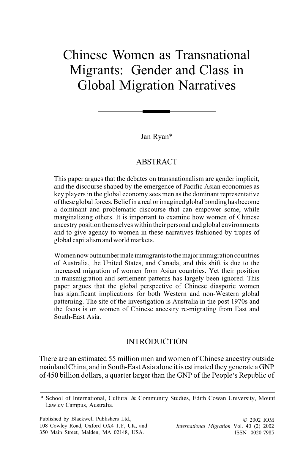 Chinese Women As Transnational Migrants: Gender and Class in Global Migration Narratives