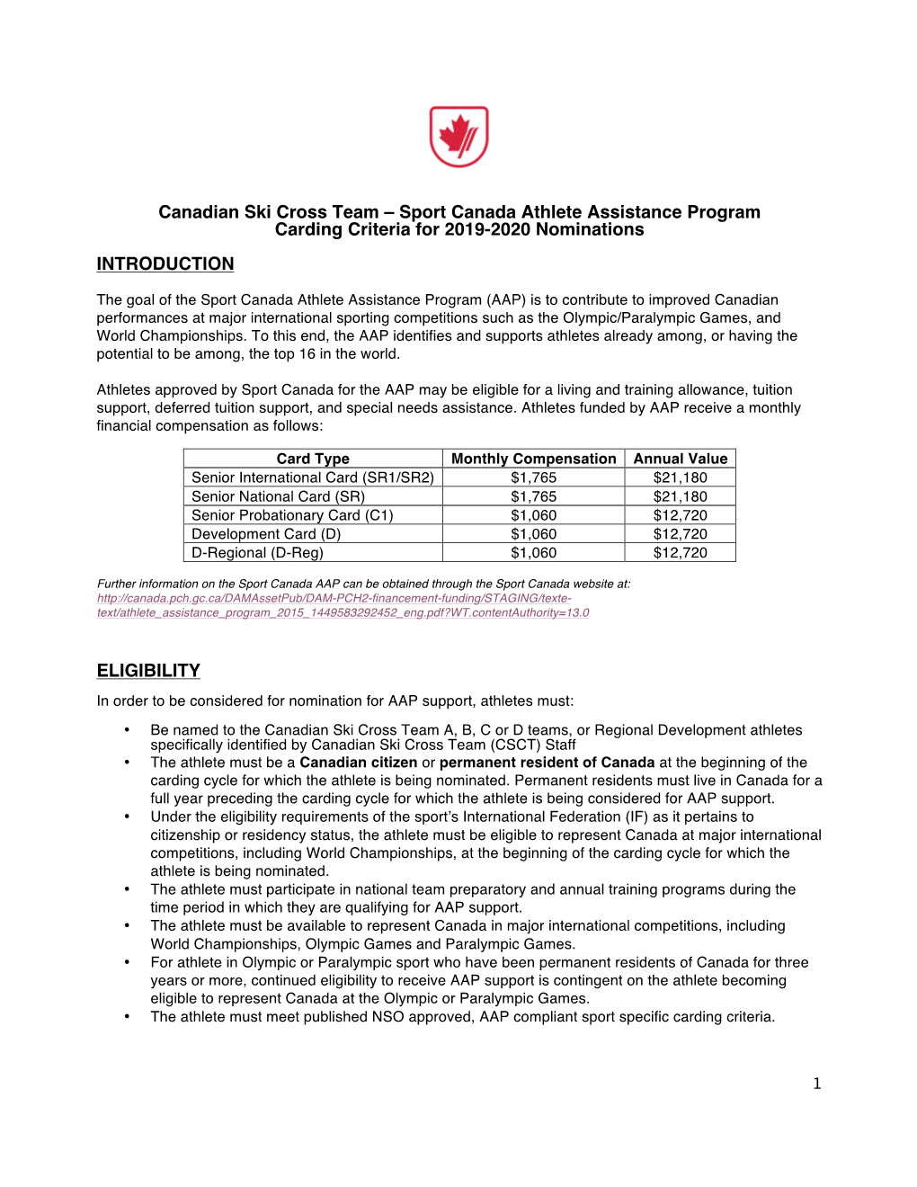 Sport Canada Athlete Assistance Program Carding Criteria for 2019-2020 Nominations