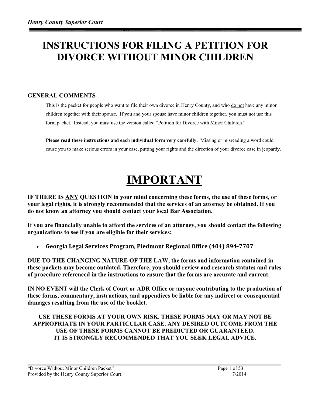 Instructions for Filing a Complaint for Divorce Without Minor Children