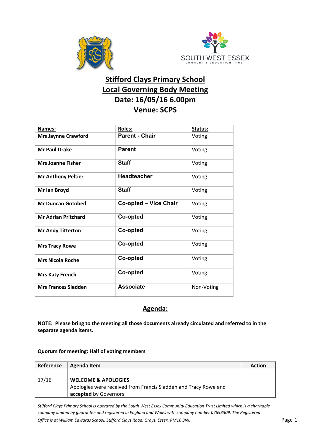 Stifford Clays Primary School Local Governing Body Meeting Date: 16/05/16 6.00Pm Venue: SCPS