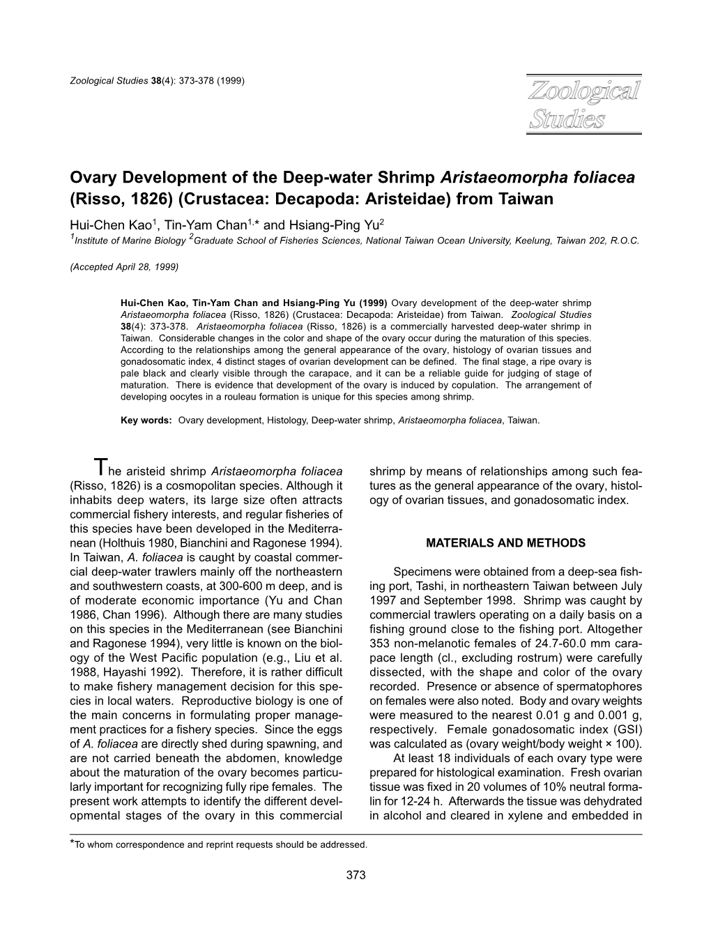 Ovary Development of the Deep-Water Shrimp Aristaeomorpha Foliacea