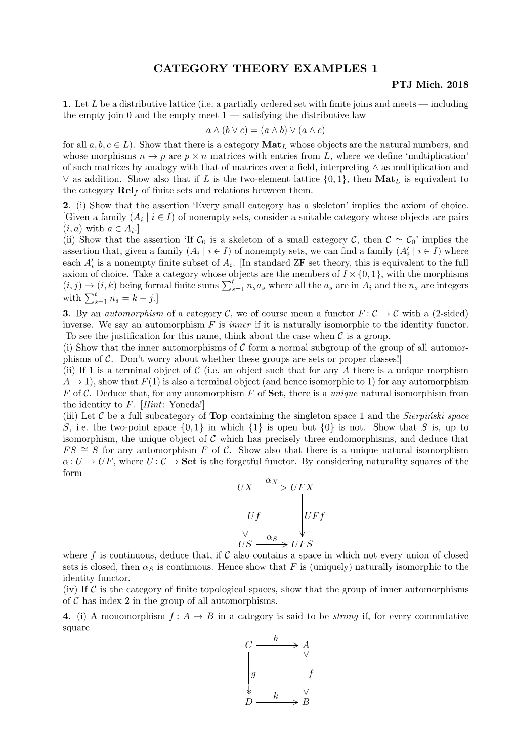 CATEGORY THEORY EXAMPLES 1 PTJ Mich