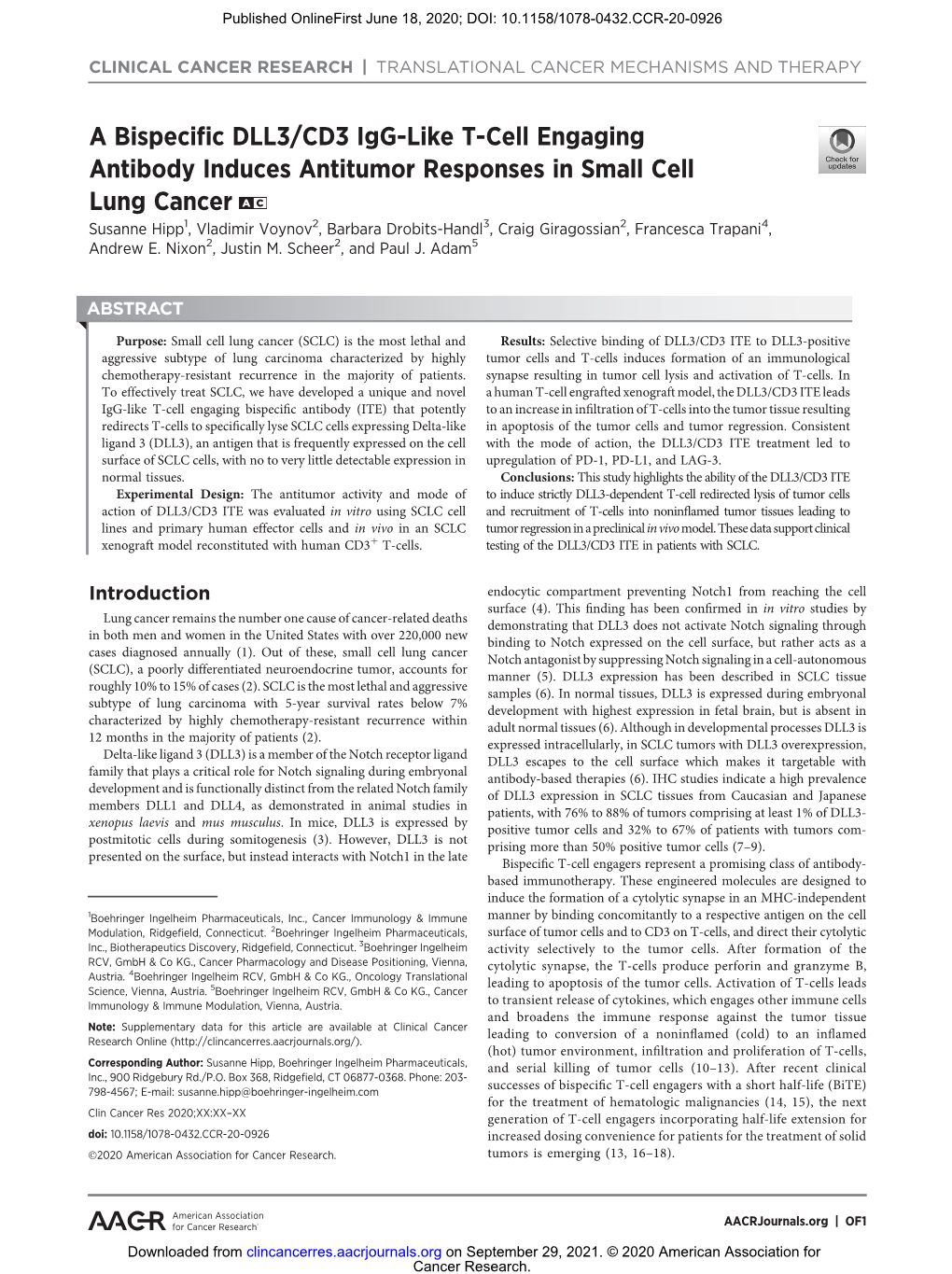 A Bispecific DLL3/CD3 Igg-Like T-Cell Engaging Antibody Induces Antitumor Responses in Small Cell Lung Cancer