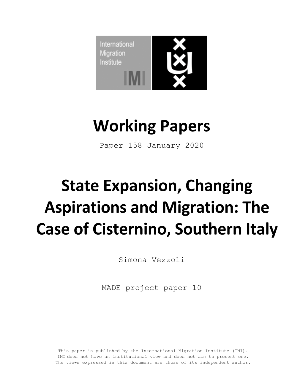 Working Papers State Expansion, Changing Aspirations and Migration: the Case of Cisternino, Southern Italy