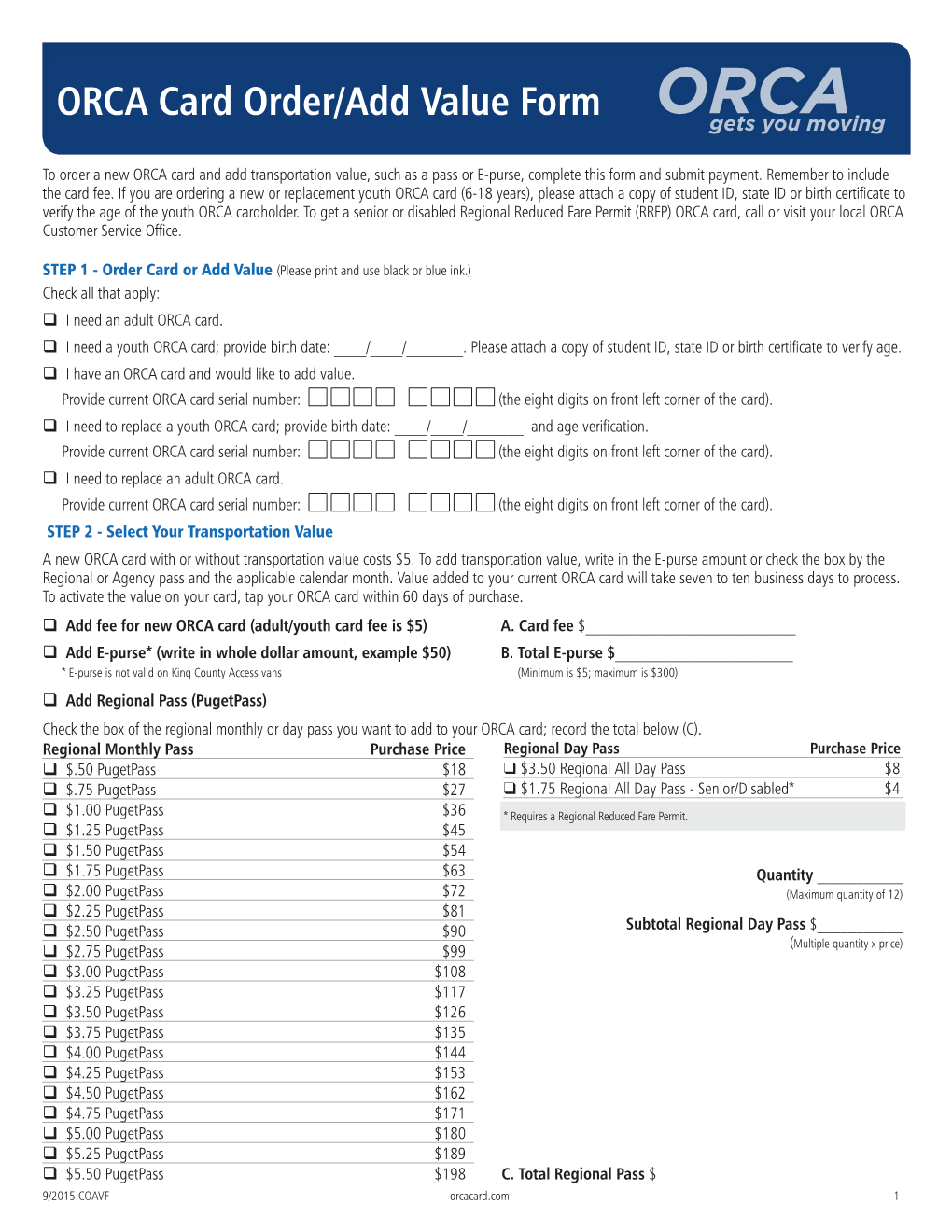 ORCA Card Order/Add Value Form