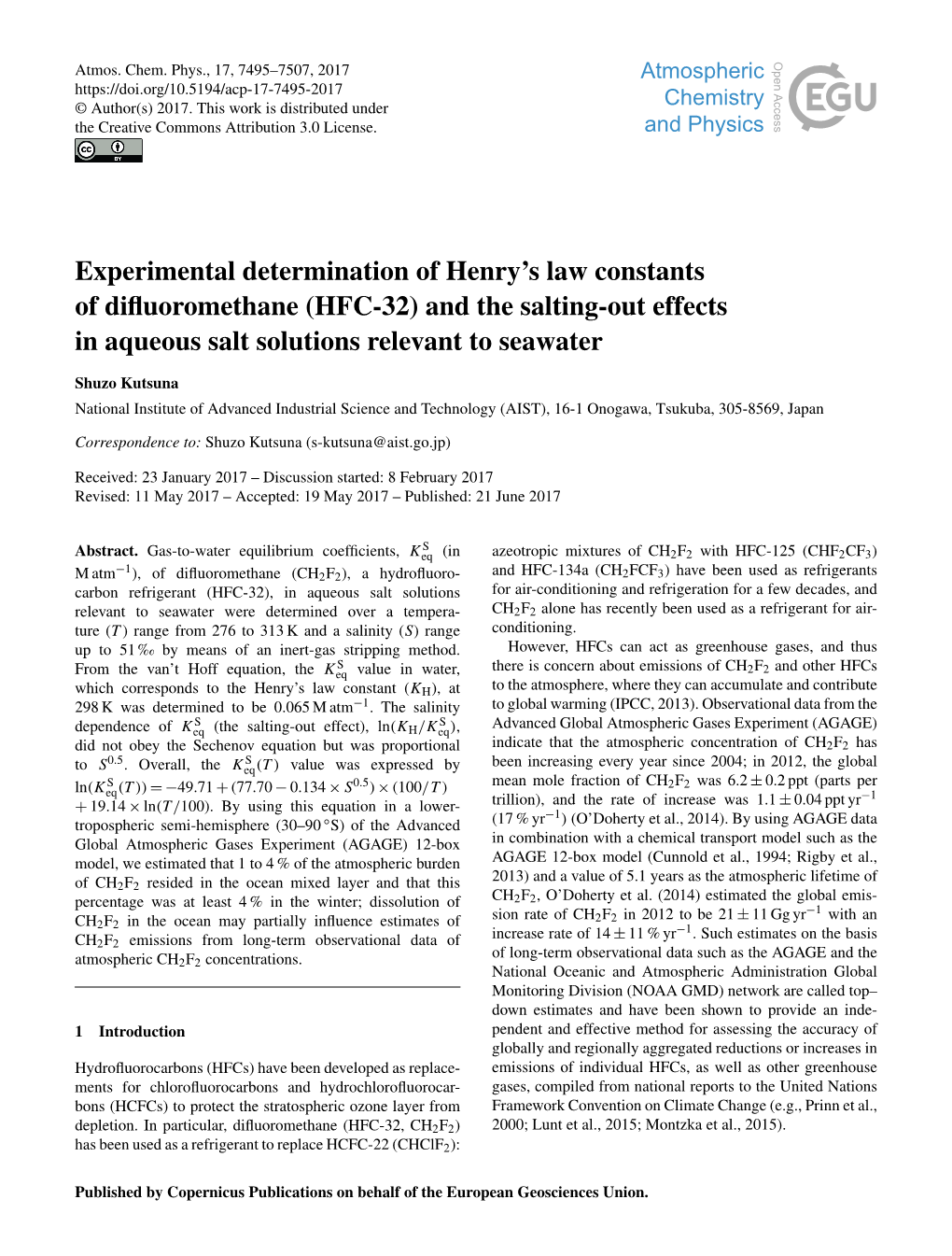 Experimental Determination of Henry's Law Constants of Difluoromethane