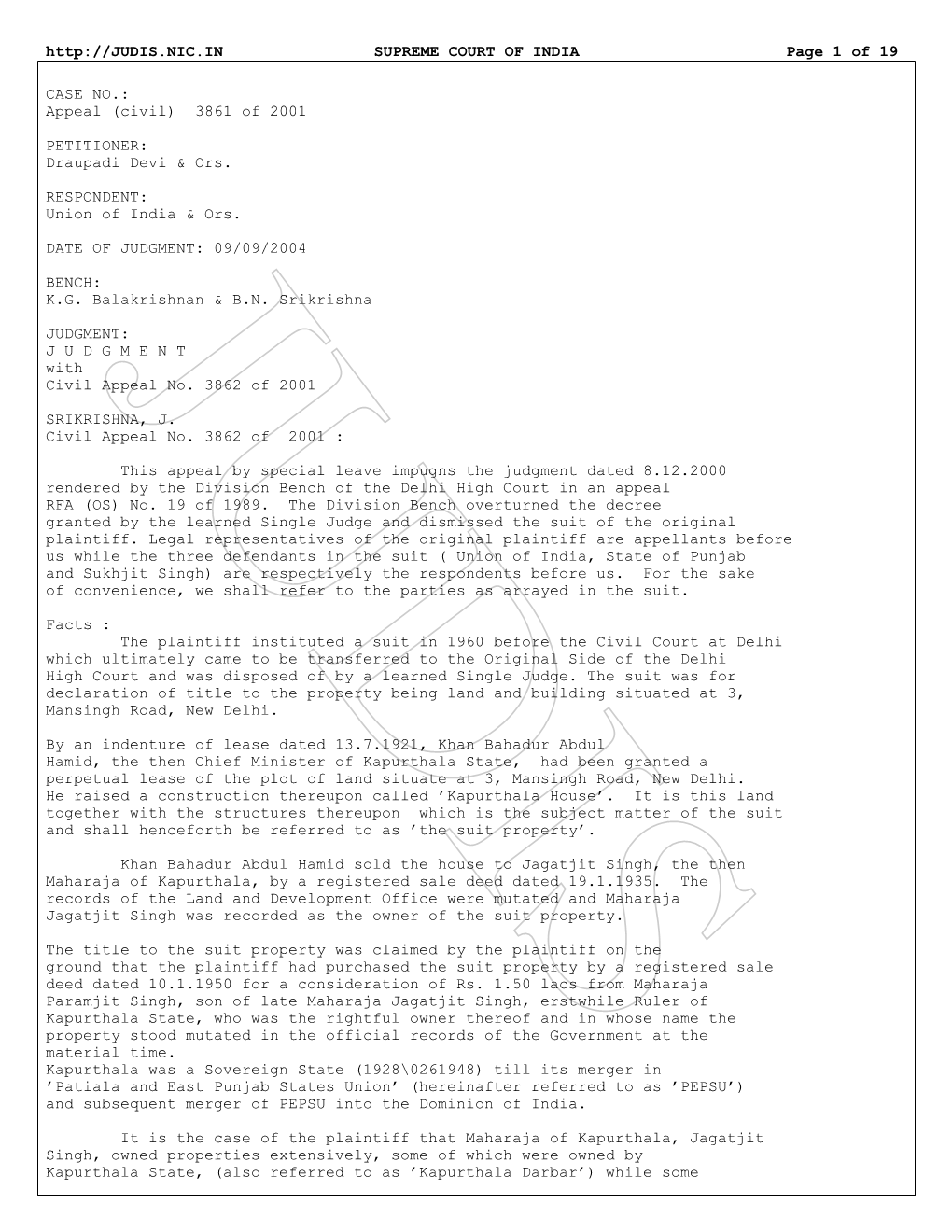 SUPREME COURT of INDIA Page 1 of 19