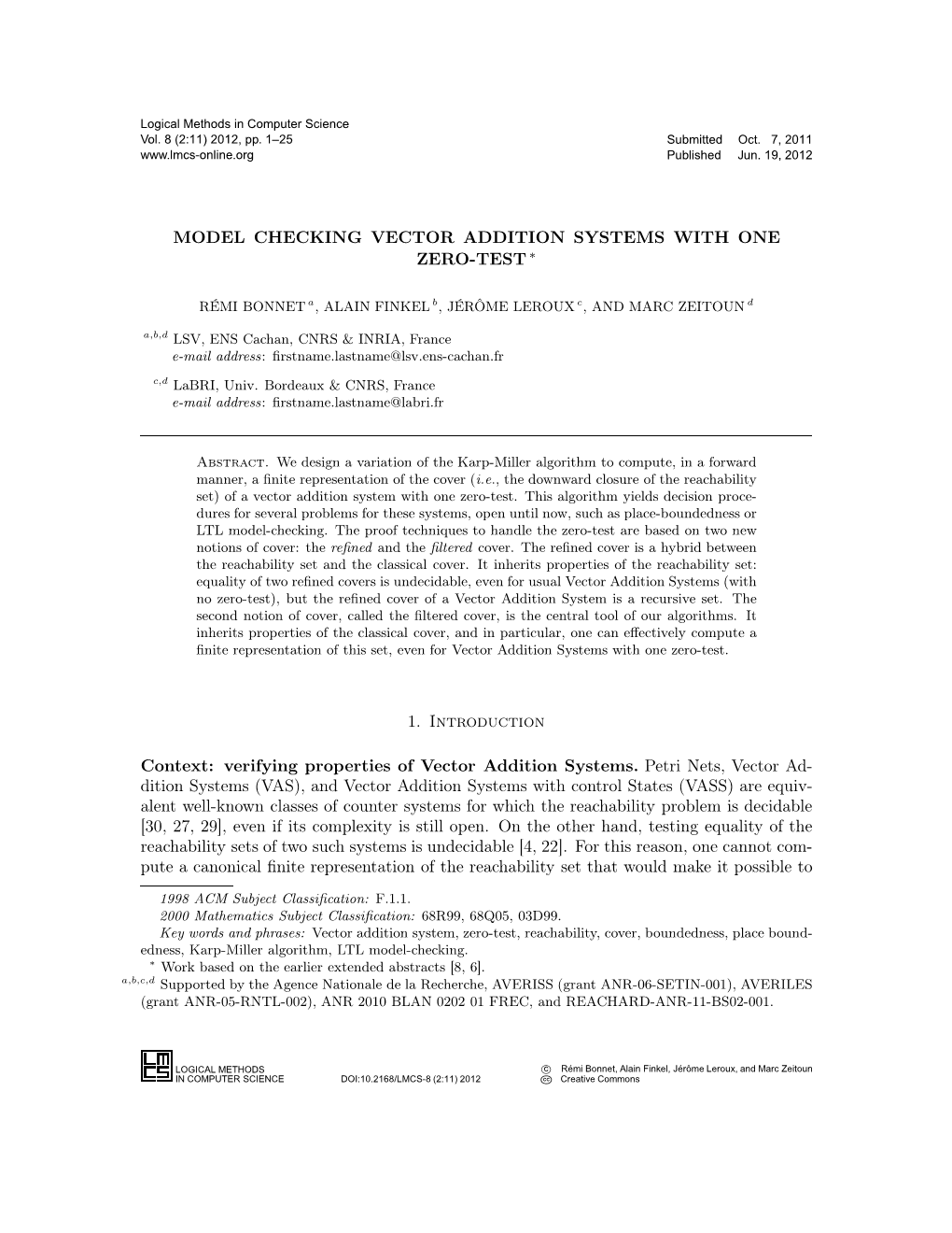 Model Checking Vector Addition Systems with One Zero-Test ∗