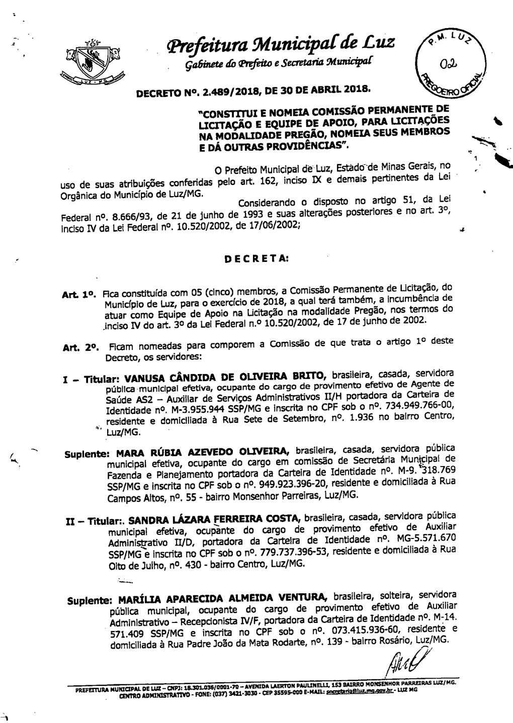 Prefeitura Muniapar De Luz Gabinete Do Trefeito E Secretaria Slunicipat