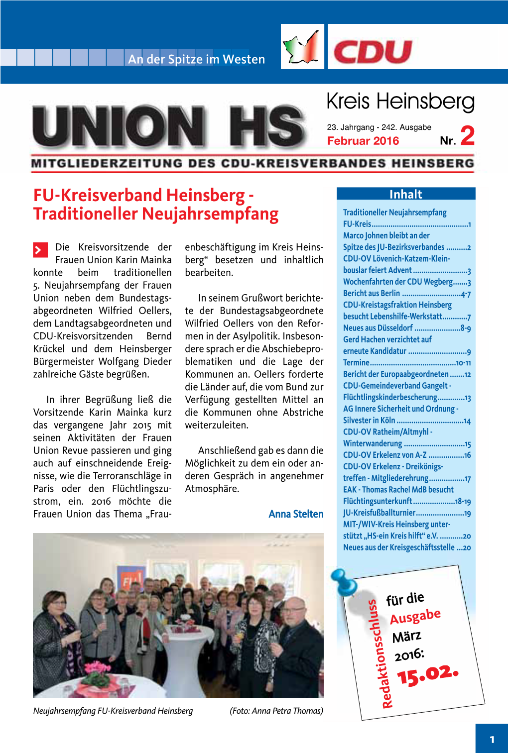 FU-Kreisverband Heinsberg - Inhalt Traditioneller Neujahrsempfang Traditioneller Neujahrsempfang FU-Kreis