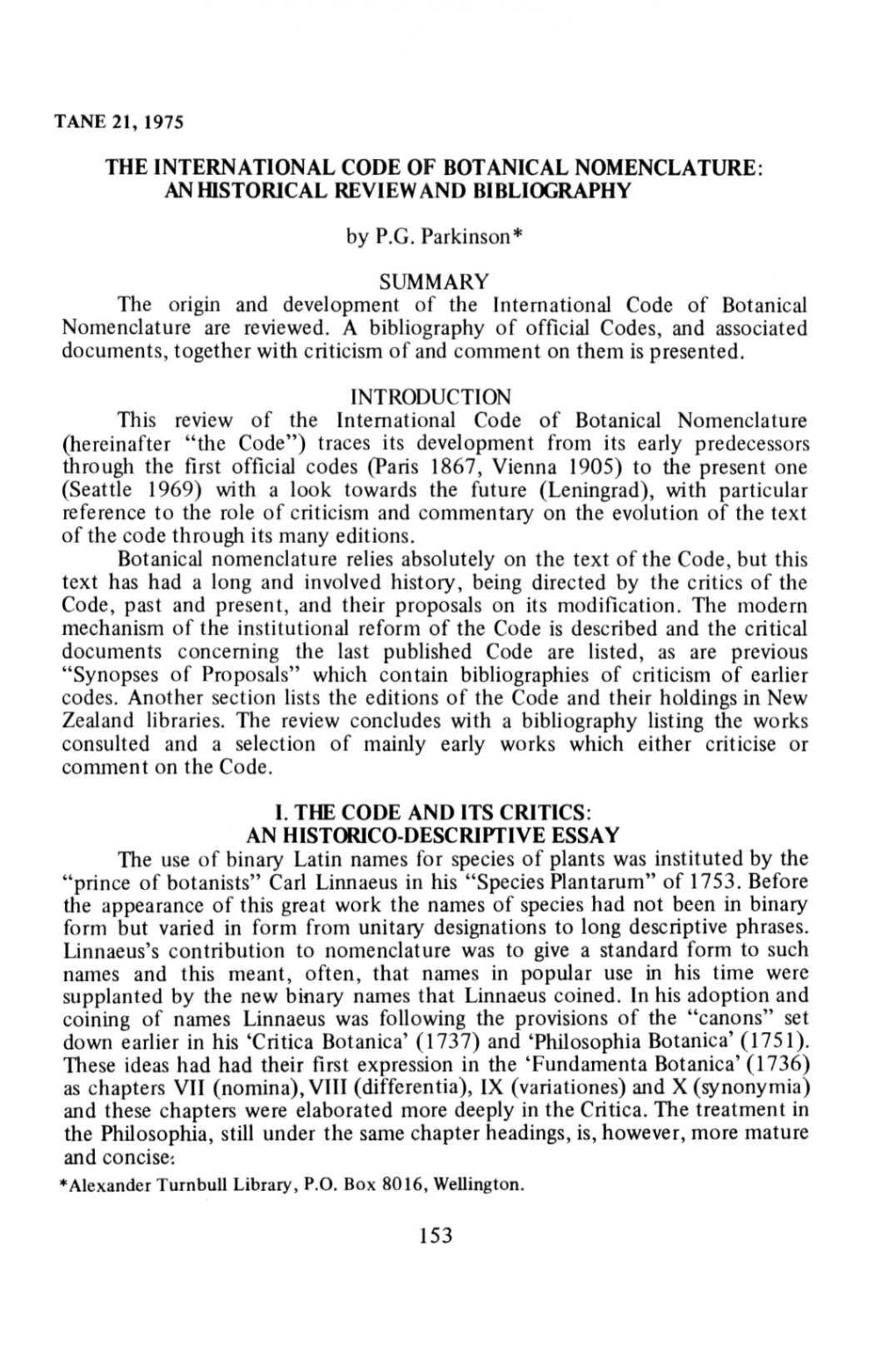 The International Code of Botanical Nomenclature: an Historical Review and Bibliography