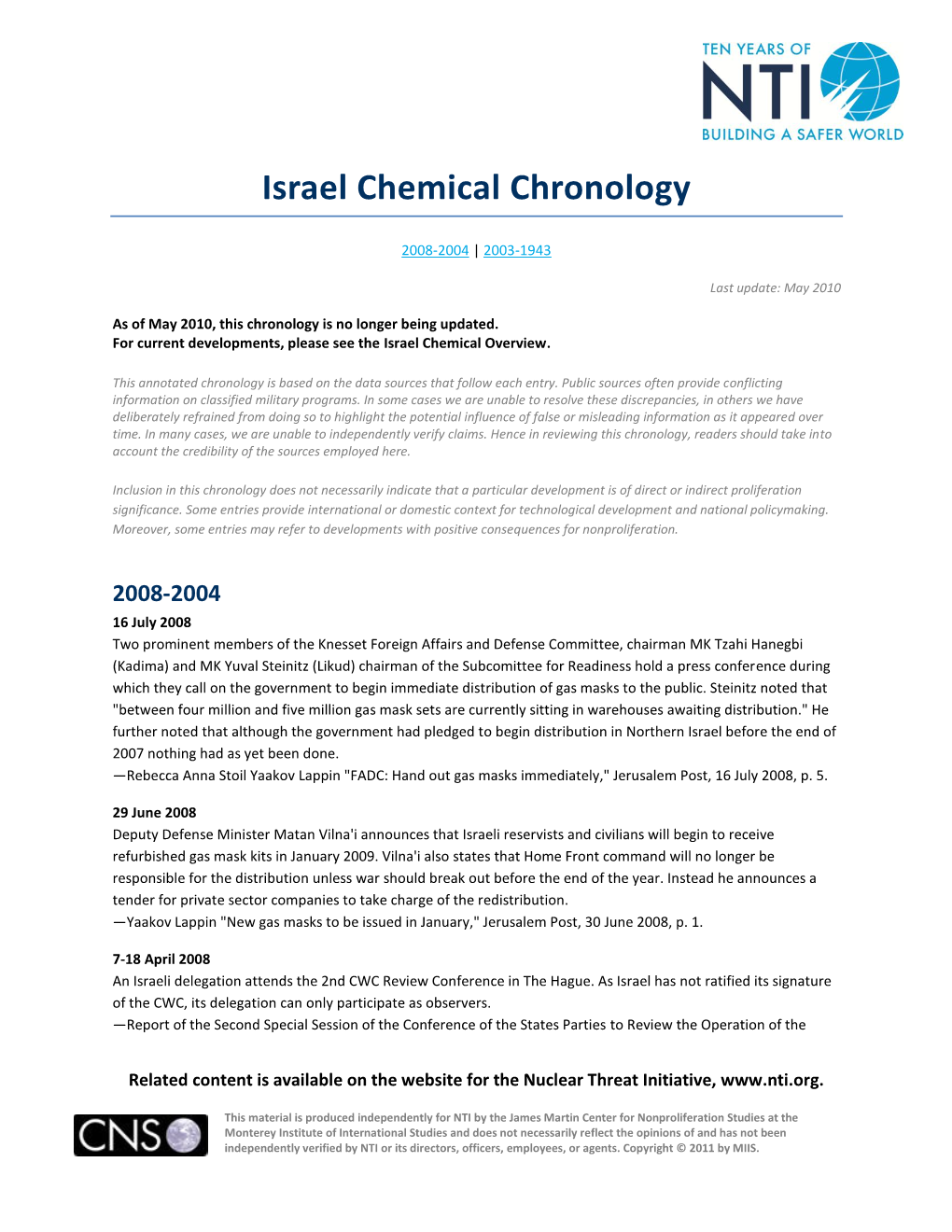 Israel Chemical Chronology