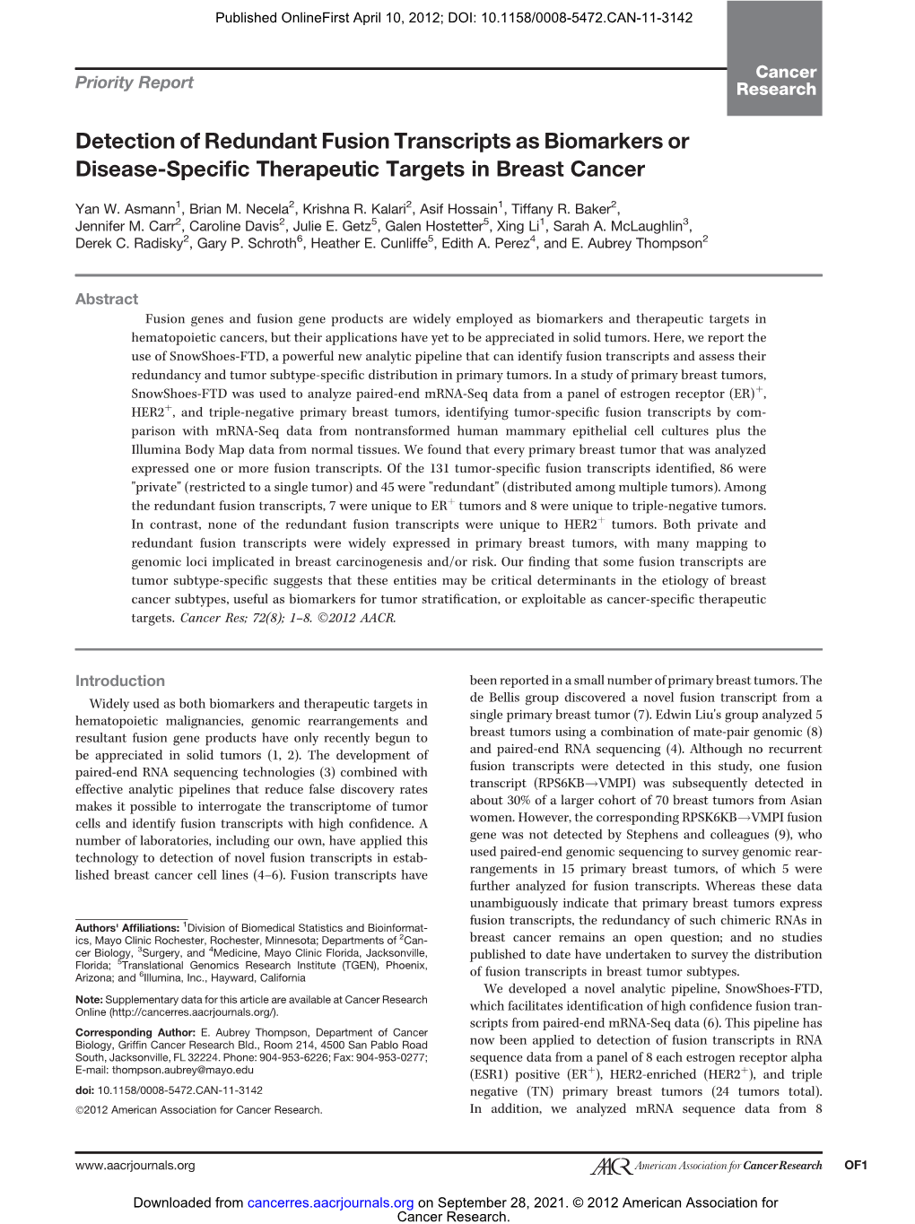 Detection of Redundant Fusion Transcripts As Biomarkers Or Disease-Specific Therapeutic Targets in Breast Cancer