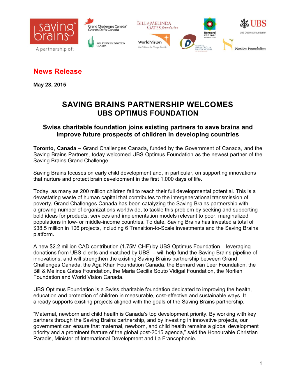 Saving Brains Partnership Welcomes Ubs Optimus Foundation