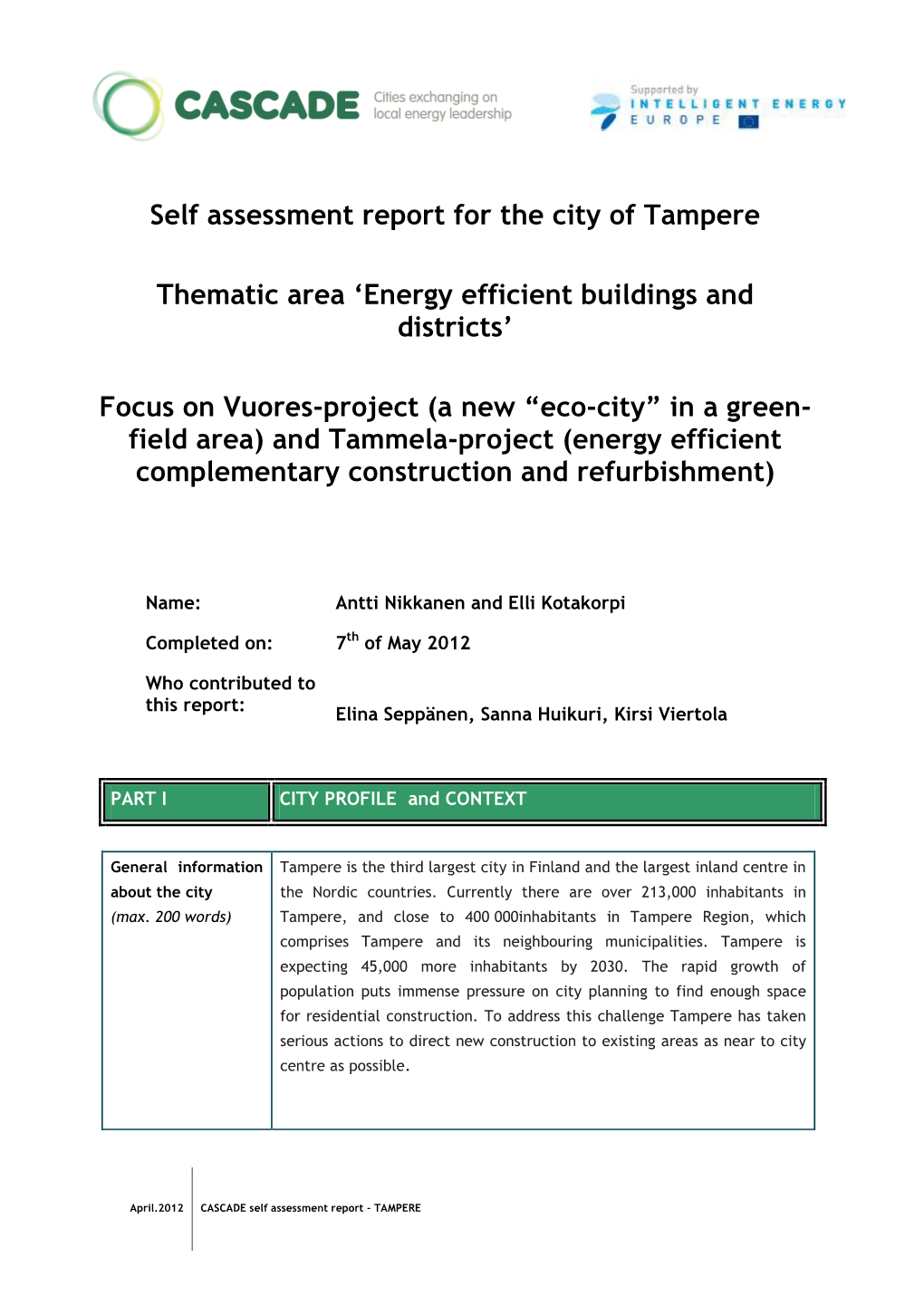 Self Assessment Report for the City of Tampere Thematic Area