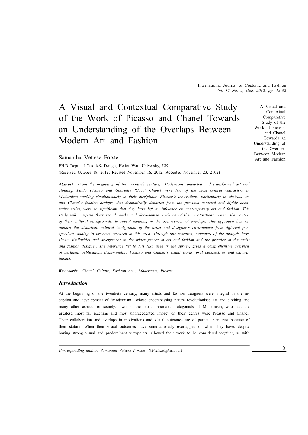 A Visual and Contextual Comparative Study of the Work of Picasso and Chanel Towards an Understanding of the Overlaps Between Modern Art and Fashion