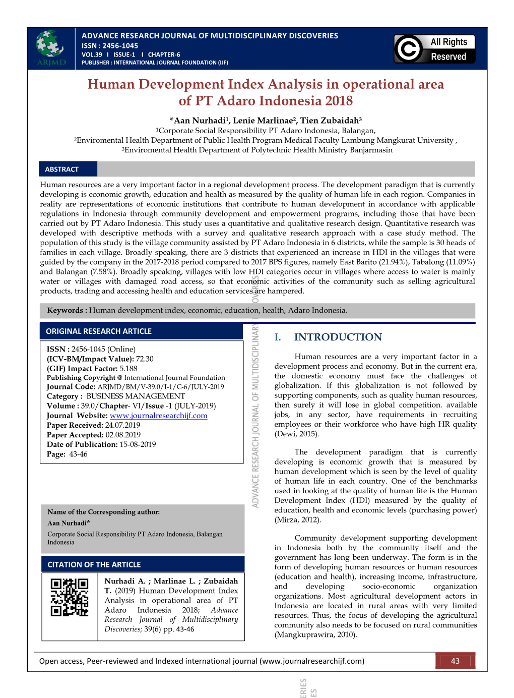 ISSN : 2456-1045 (Online) (ICV-BM/Impact Value): 72.30 Human Resources Are a Very Important Factor in a (GIF) Impact Factor: 5.188 Development Process and Economy