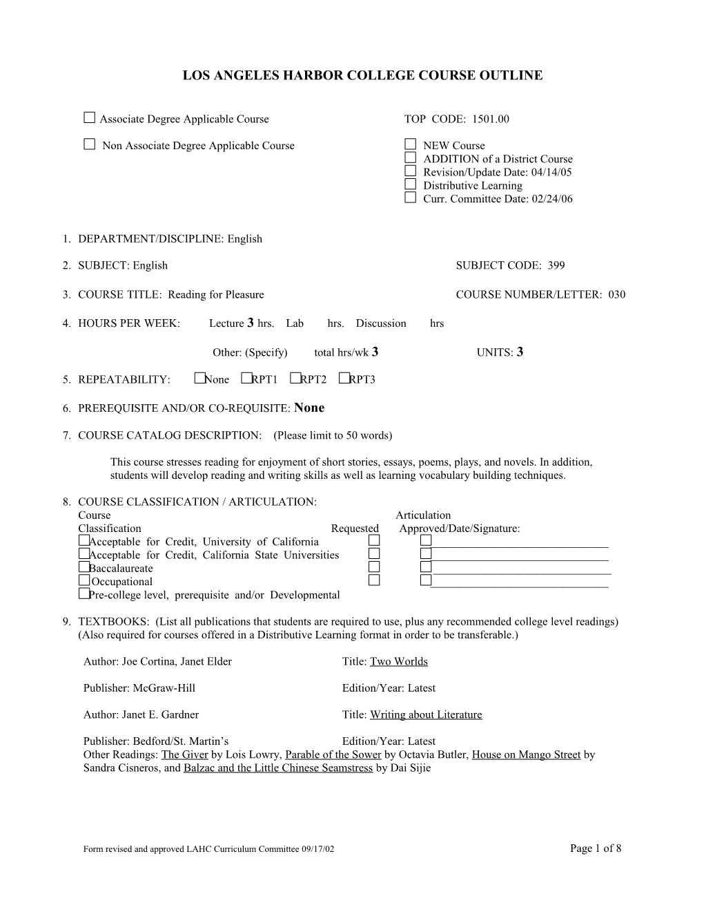 Los Angeles Harbor College Course Outline s5