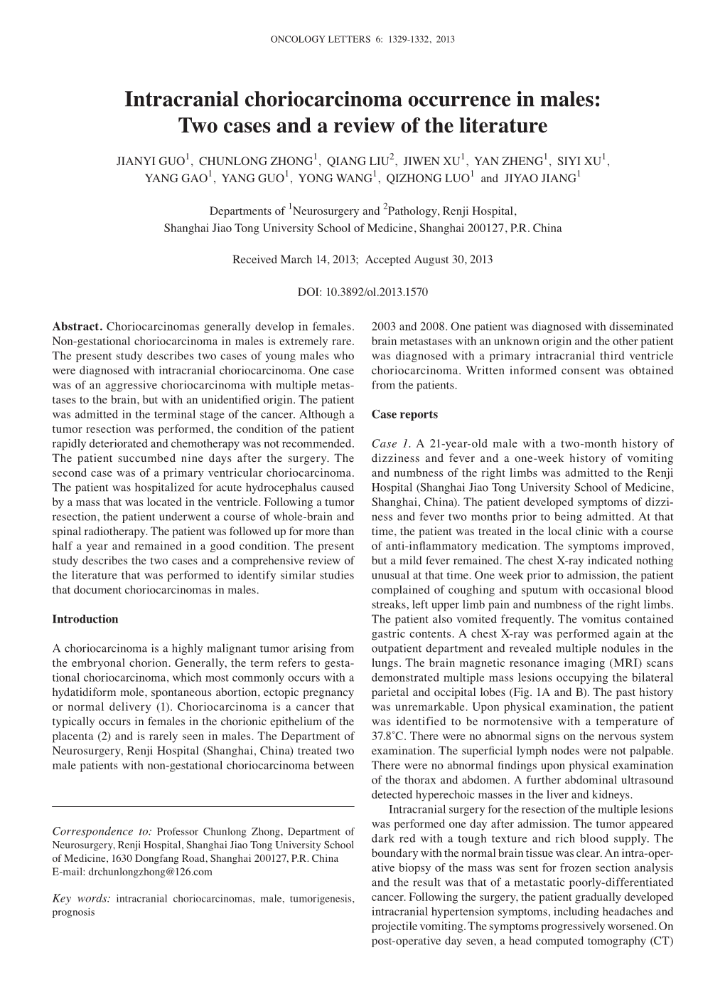 Intracranial Choriocarcinoma Occurrence in Males: Two Cases and a Review of the Literature