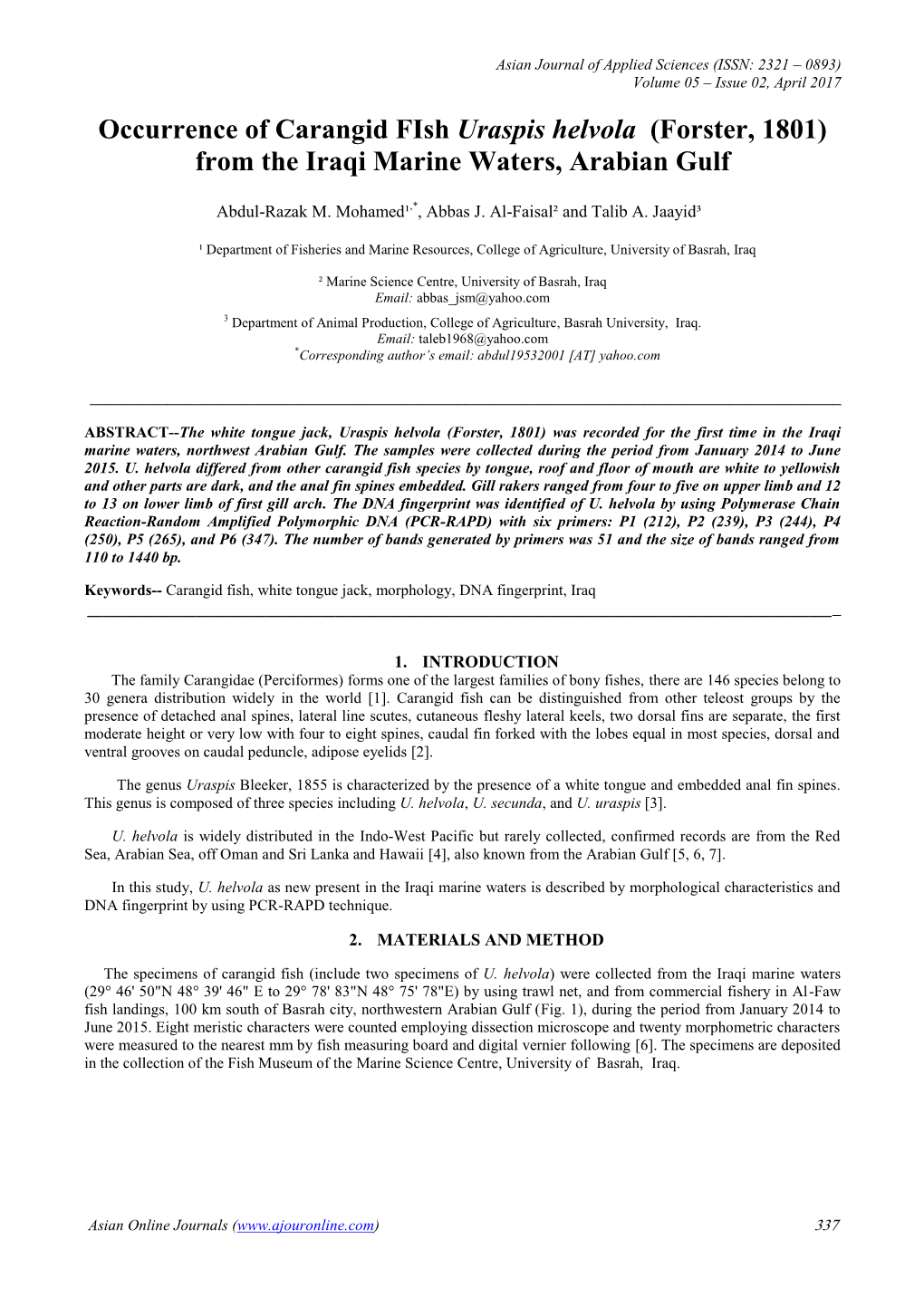 Occurrence of Carangid Fish Uraspis Helvola (Forster, 1801) from the Iraqi Marine Waters, Arabian Gulf