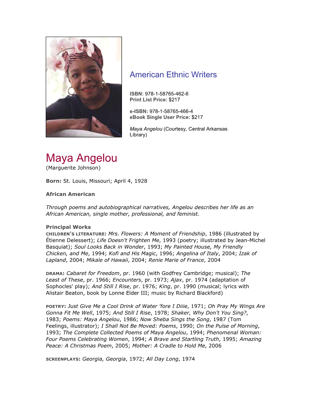 Maya Angelou (Courtesy, Central Arkansas Library)