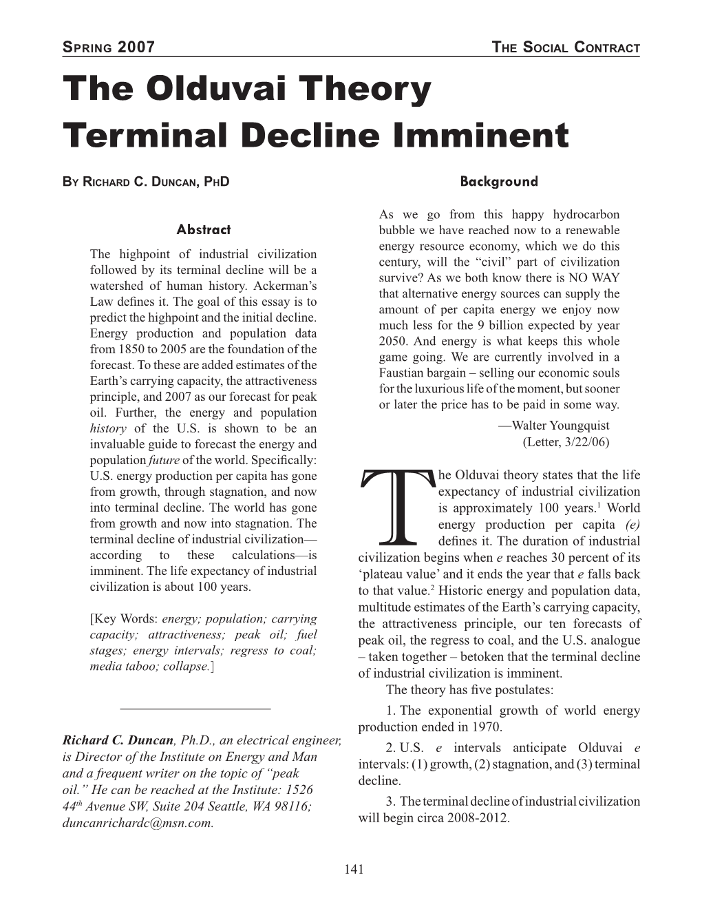 The Olduvai Theory Terminal Decline Imminent