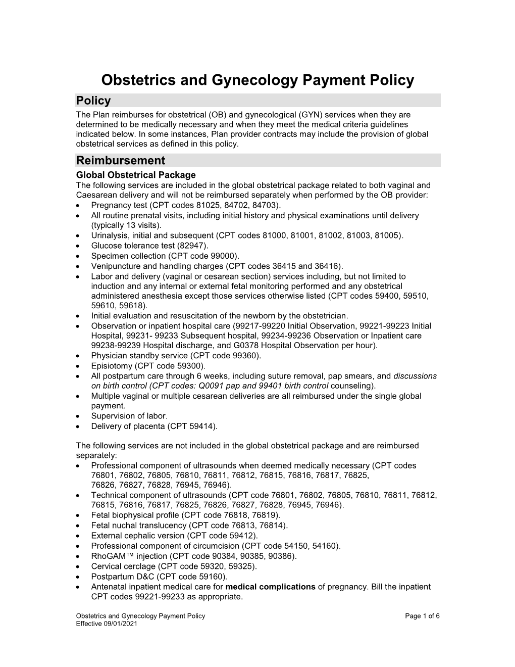 Obstetrics and Gynecology Payment Policy