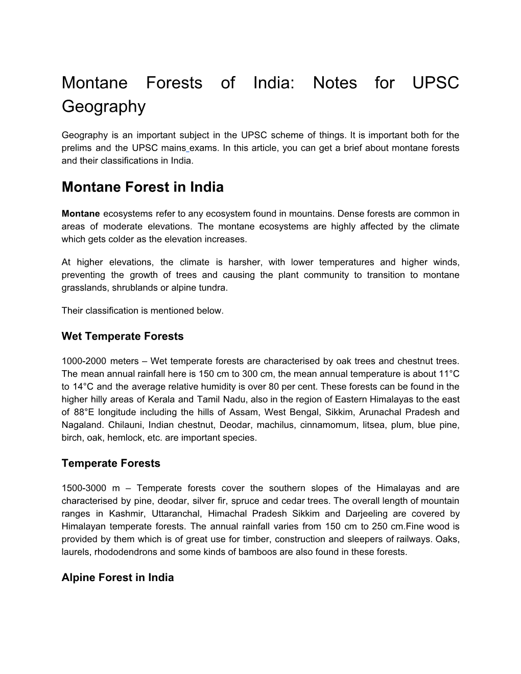 Montane Forests of India: Notes for UPSC Geography