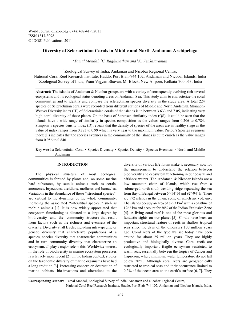 Diversity of Scleractinian Corals in Middle and North Andaman Archipelago