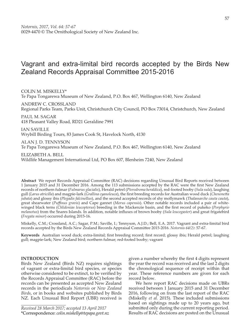 Vagrant and Extra-Limital Bird Records Accepted by the Birds New Zealand Records Appraisal Committee 2015-2016