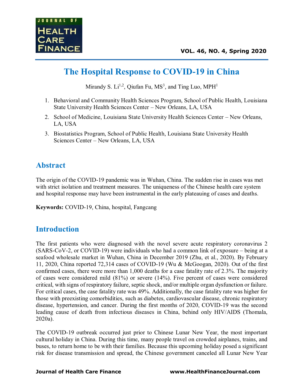 The Hospital Response to COVID-19 in China