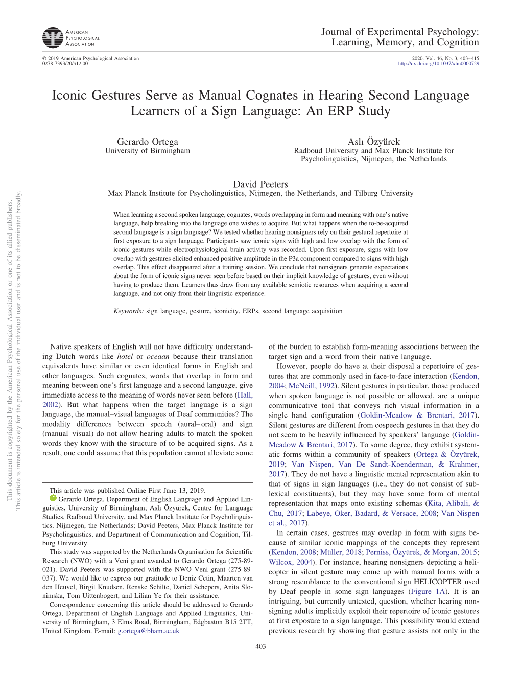 Iconic Gestures Serve As Manual Cognates in Hearing Second Language Learners of a Sign Language: an ERP Study