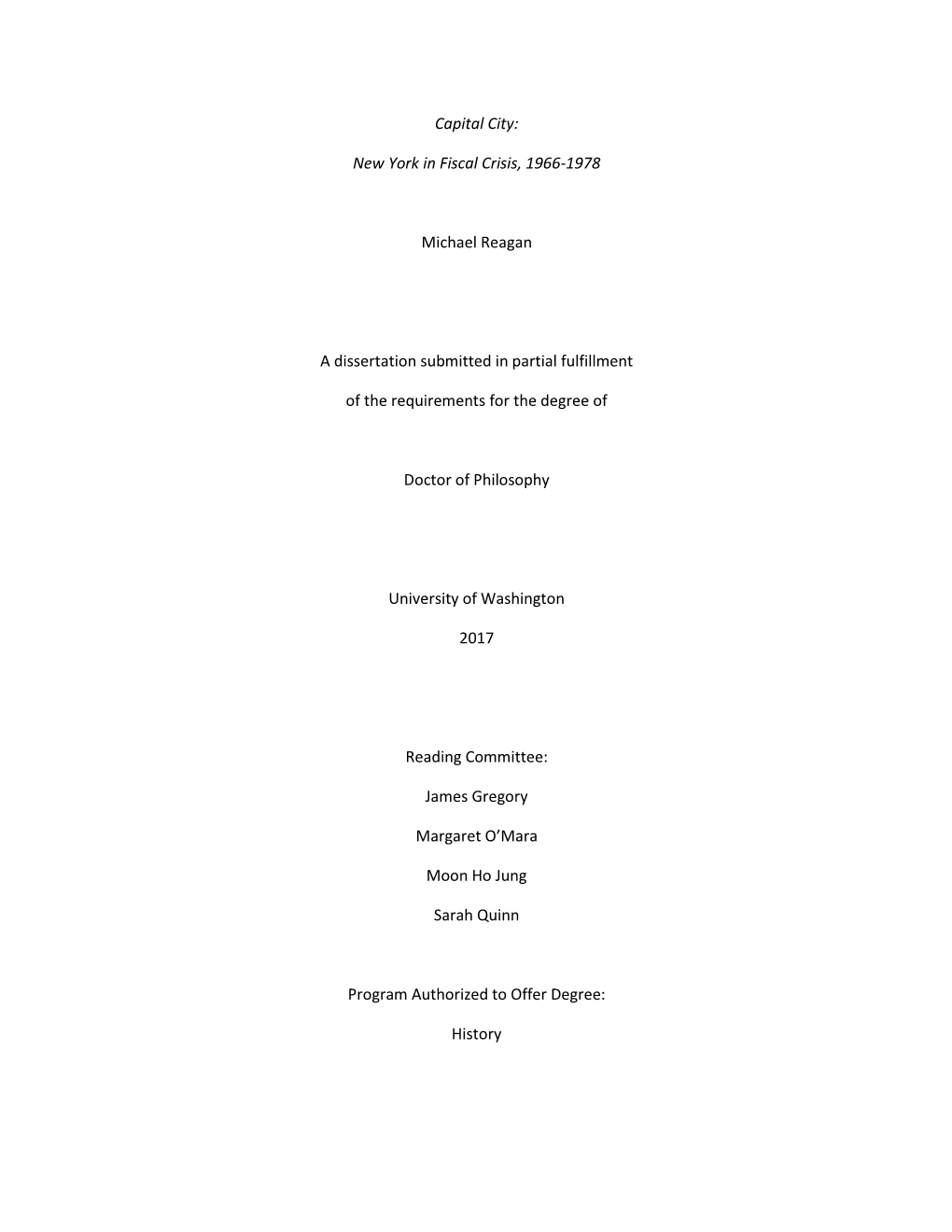 Capital City: New York in Fiscal Crisis, 1966-1978 Michael Reagan