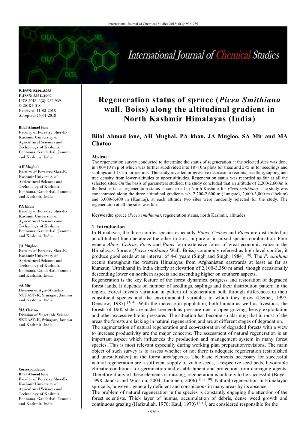 Regeneration Status of Spruce (Picea Smithiana Wall. Boiss) Along the Altitudinal Gradient in North Kashmir Himalayas