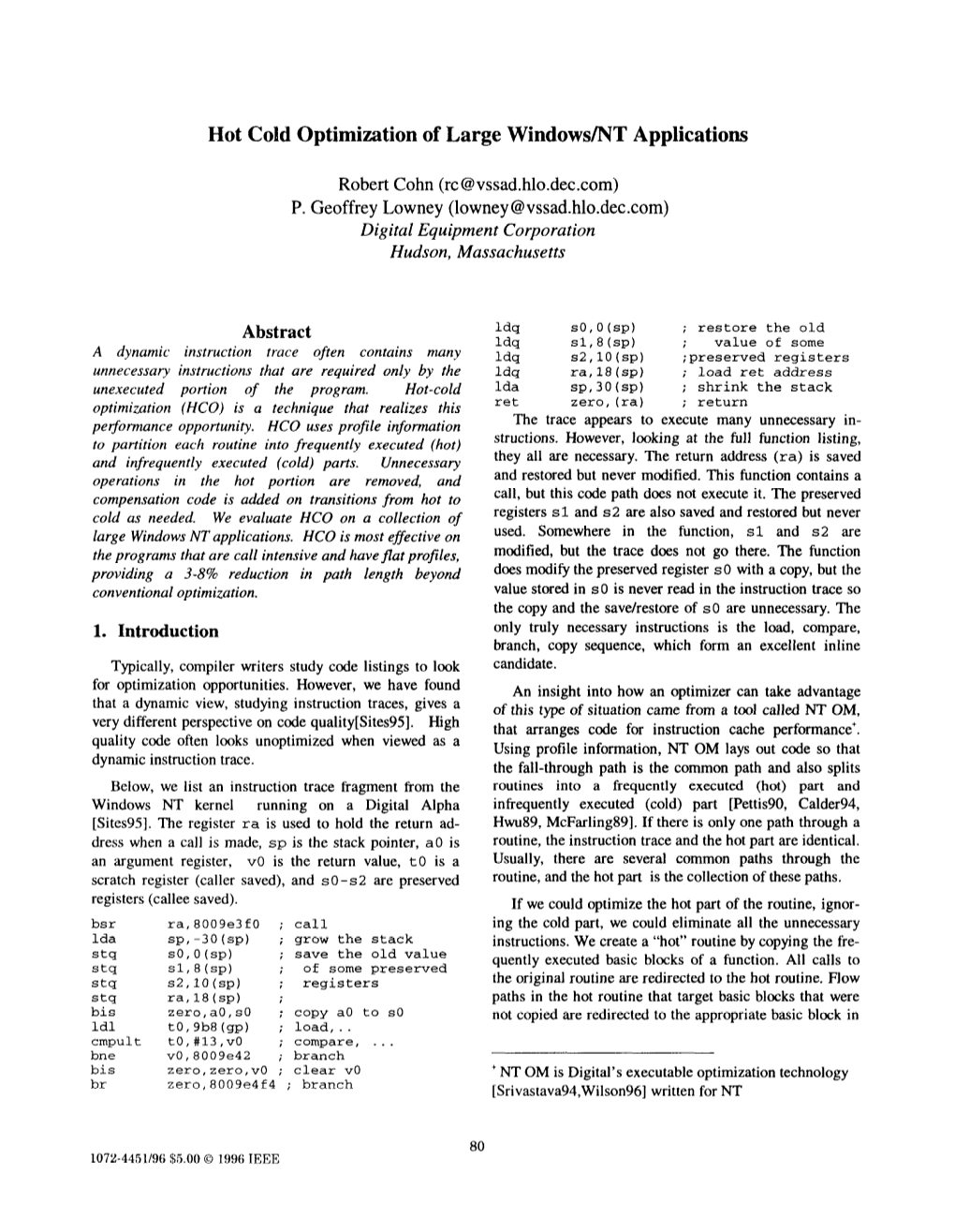 Hot Cold Optimization of Large Windows/NT Applications