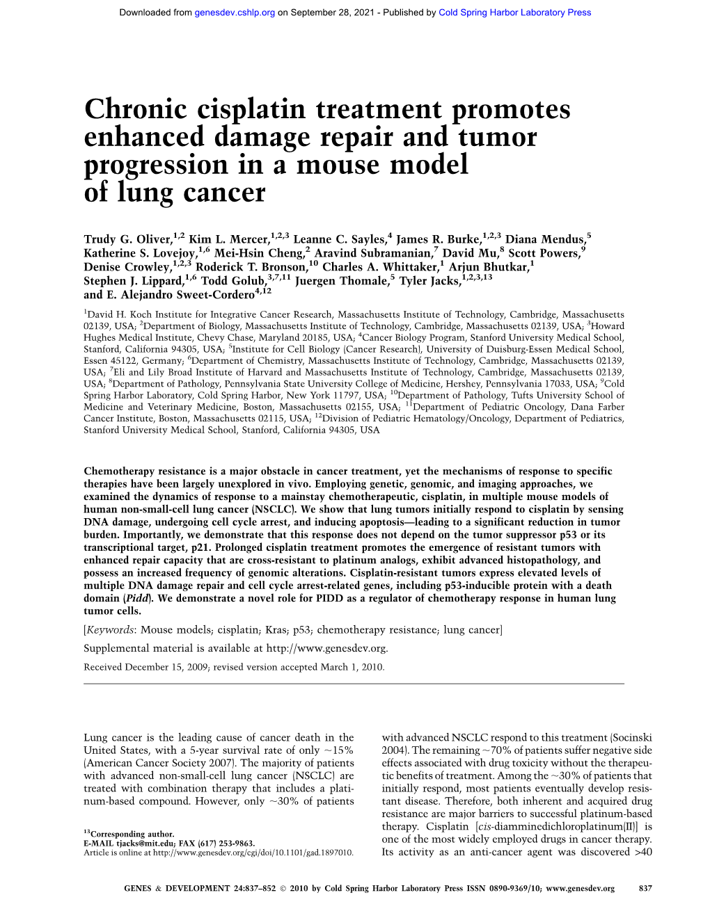 Chronic Cisplatin Treatment Promotes Enhanced Damage Repair and Tumor Progression in a Mouse Model of Lung Cancer