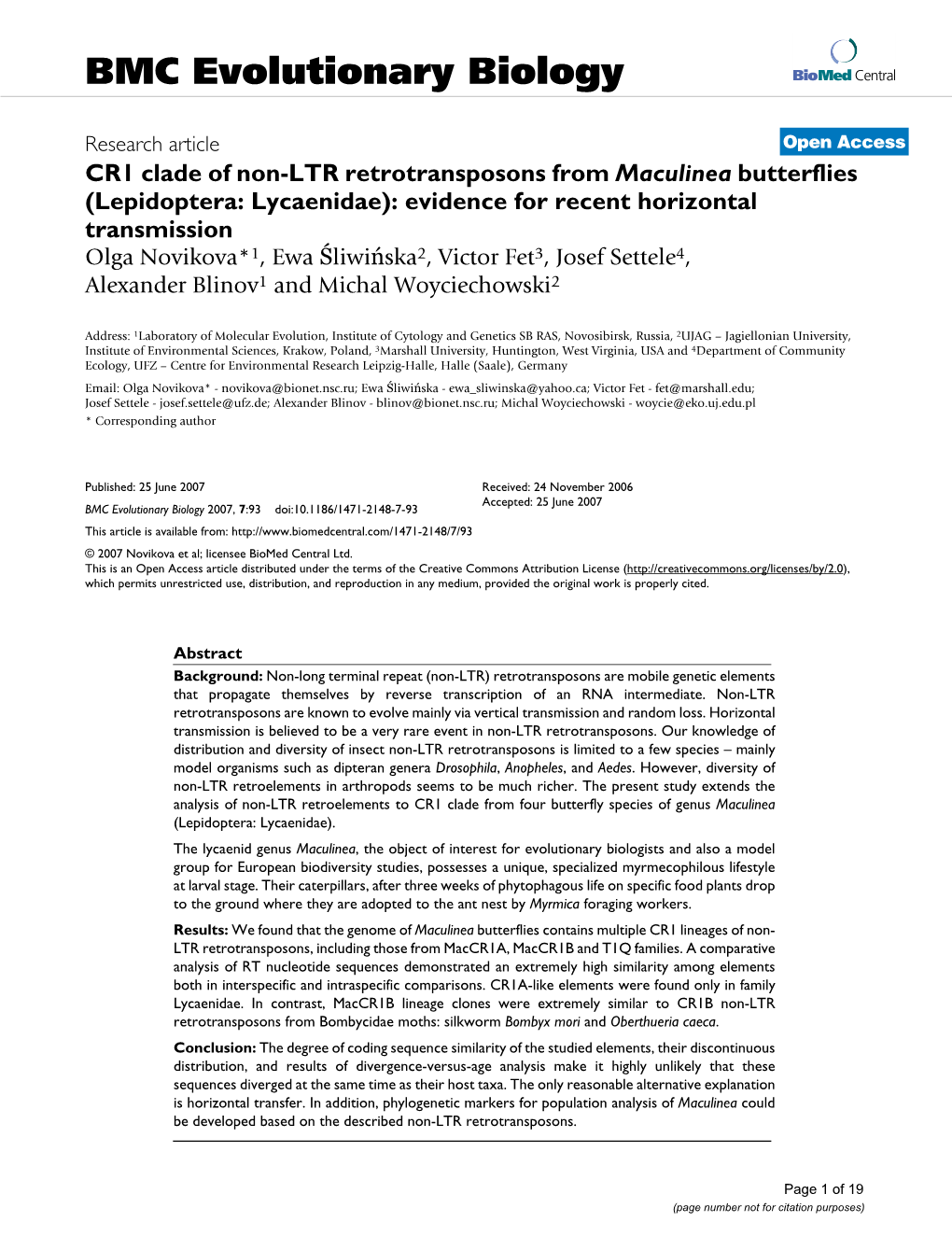 CR1 Clade of Non-LTR Retrotransposons from Maculinea Butterflies (Lepidoptera: Lycaenidae): Evidence for Recent Horizontal Transmission