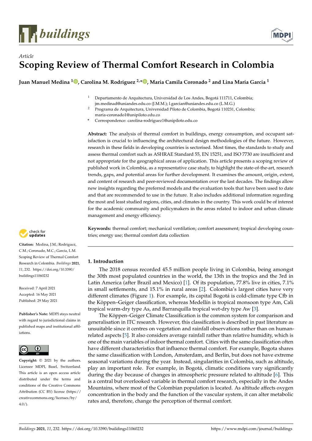 Scoping Review of Thermal Comfort Research in Colombia