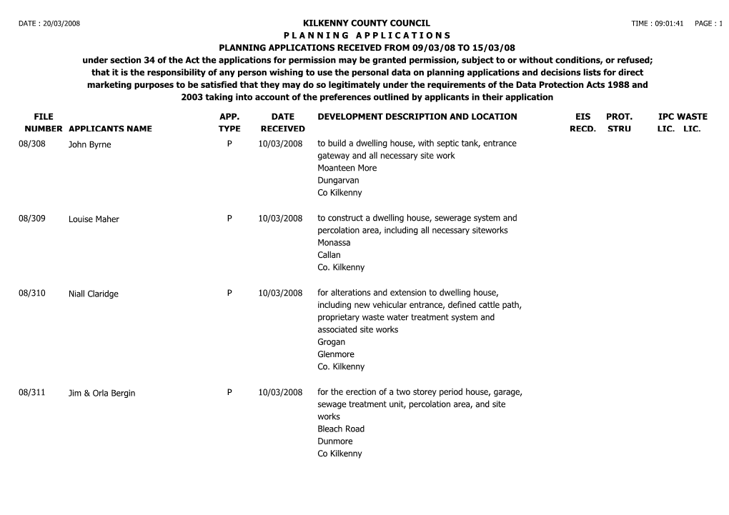 File Number Kilkenny County Council P L a N N I N G a P P L I C a T I O N S Planning Applications Received from 09/03/08 to 15