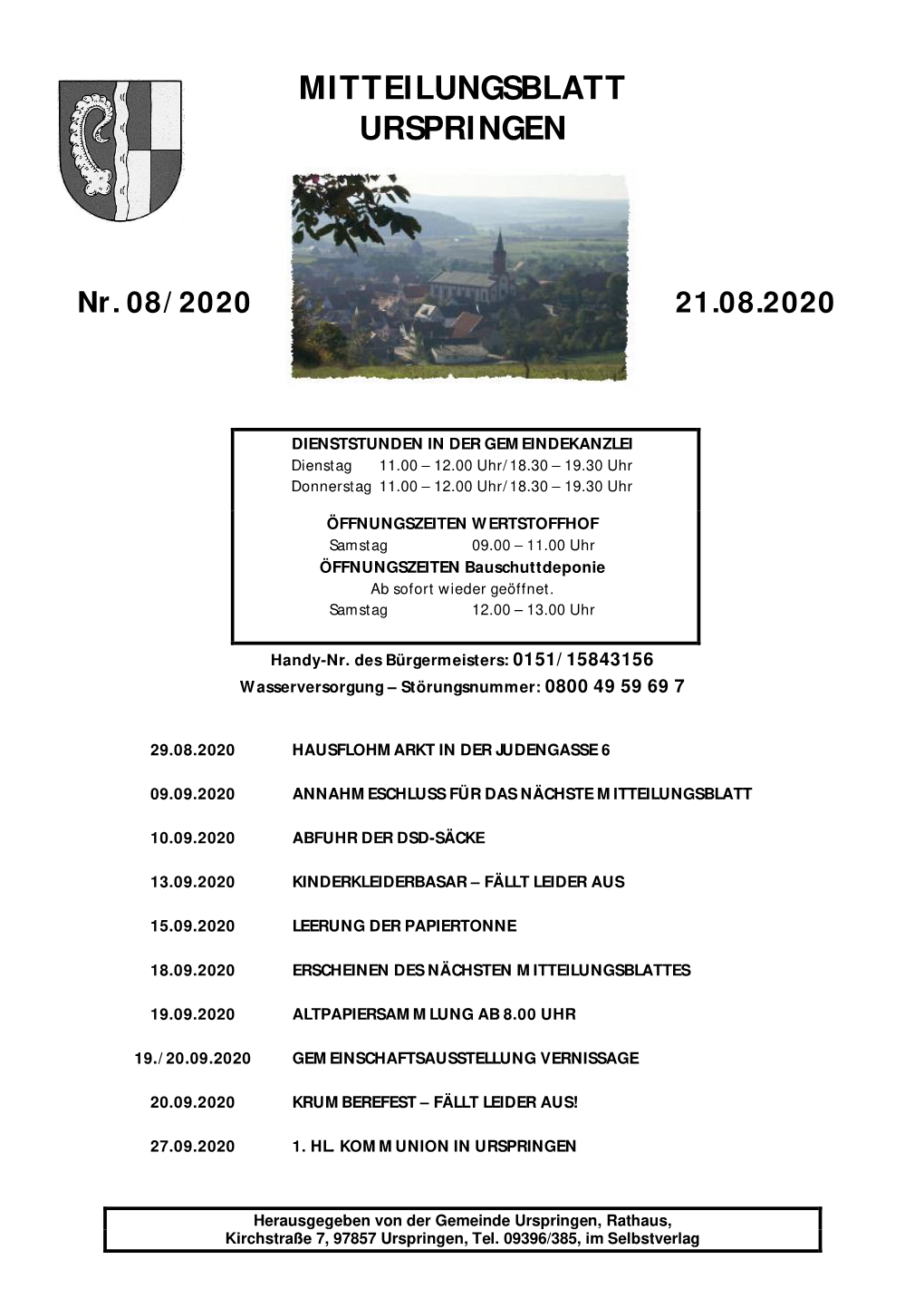 Mitteilungsblatt Nr. 08-2020 Vom 21.08.2020