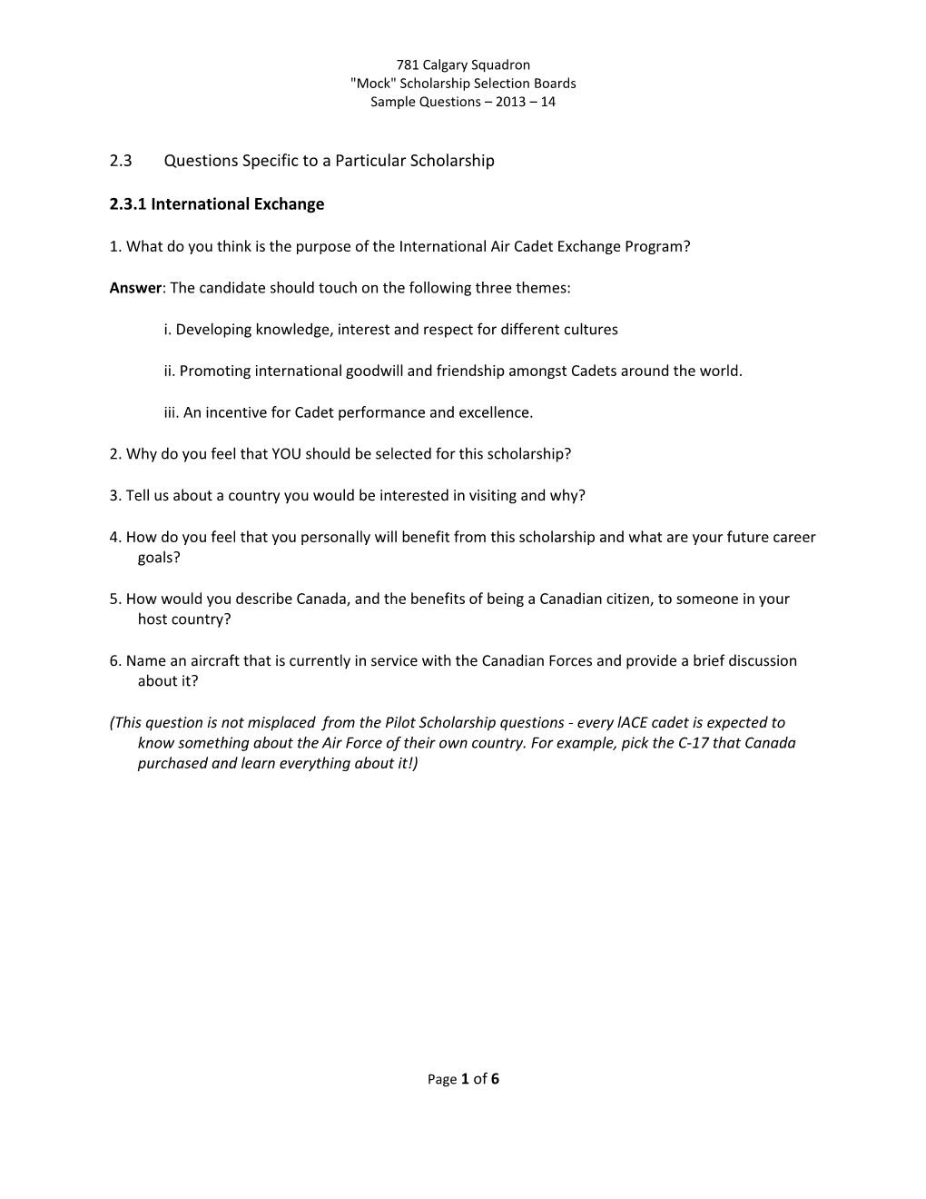 2.3 Questions Specific to a Particular Scholarship 2.3.1 International