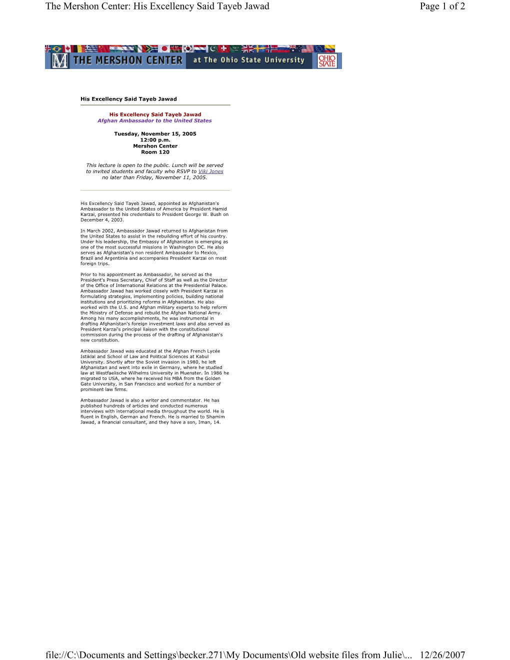 Page 1 of 2 the Mershon Center: His Excellency Said Tayeb Jawad 12/26/2007 File://C:\Documents and Settings\Becker.271\My Docume