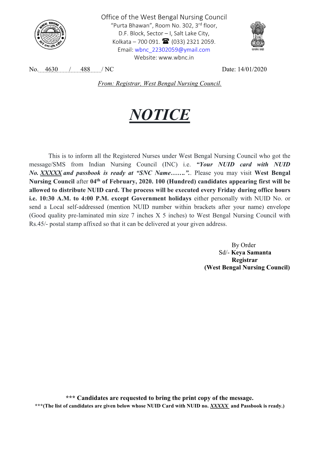 Notice for Issuing NUID Card and PASSBOOK for NRTS Programme