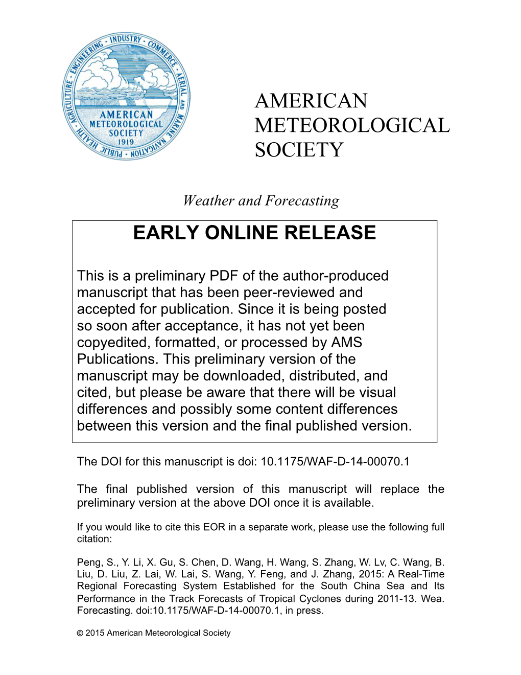 American Meteorological Society Manuscript (Non-Latex) Click Here to Download Manuscript (Non-Latex): an Introd EPMEF Mwrsubm 20141025 Peng.Doc