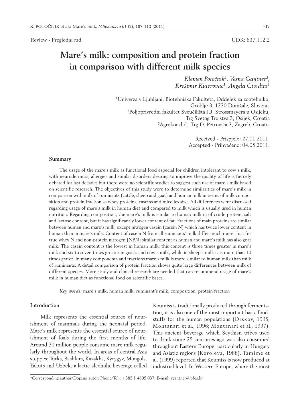 Mare's Milk: Composition and Protein Fraction in Comparison with Different Milk Species