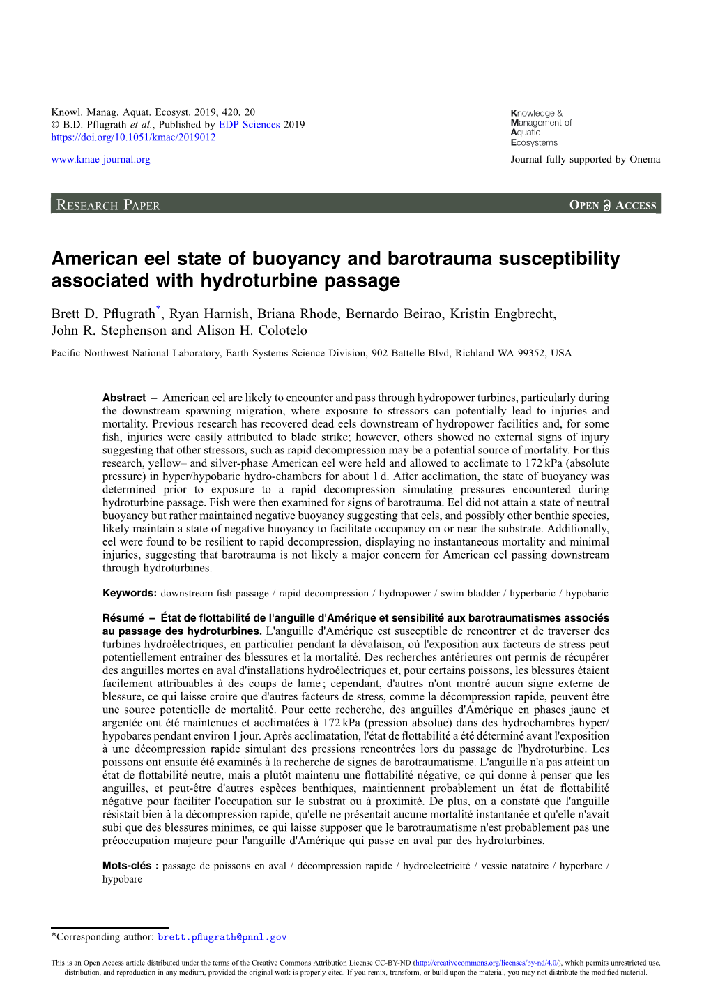 American Eel State of Buoyancy and Barotrauma Susceptibility Associated with Hydroturbine Passage