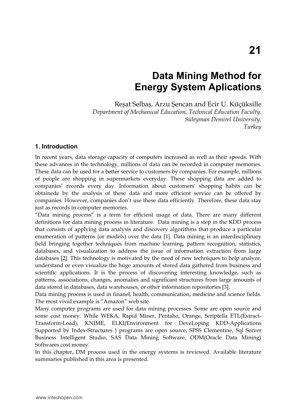Data Mining Method for Energy System Aplications