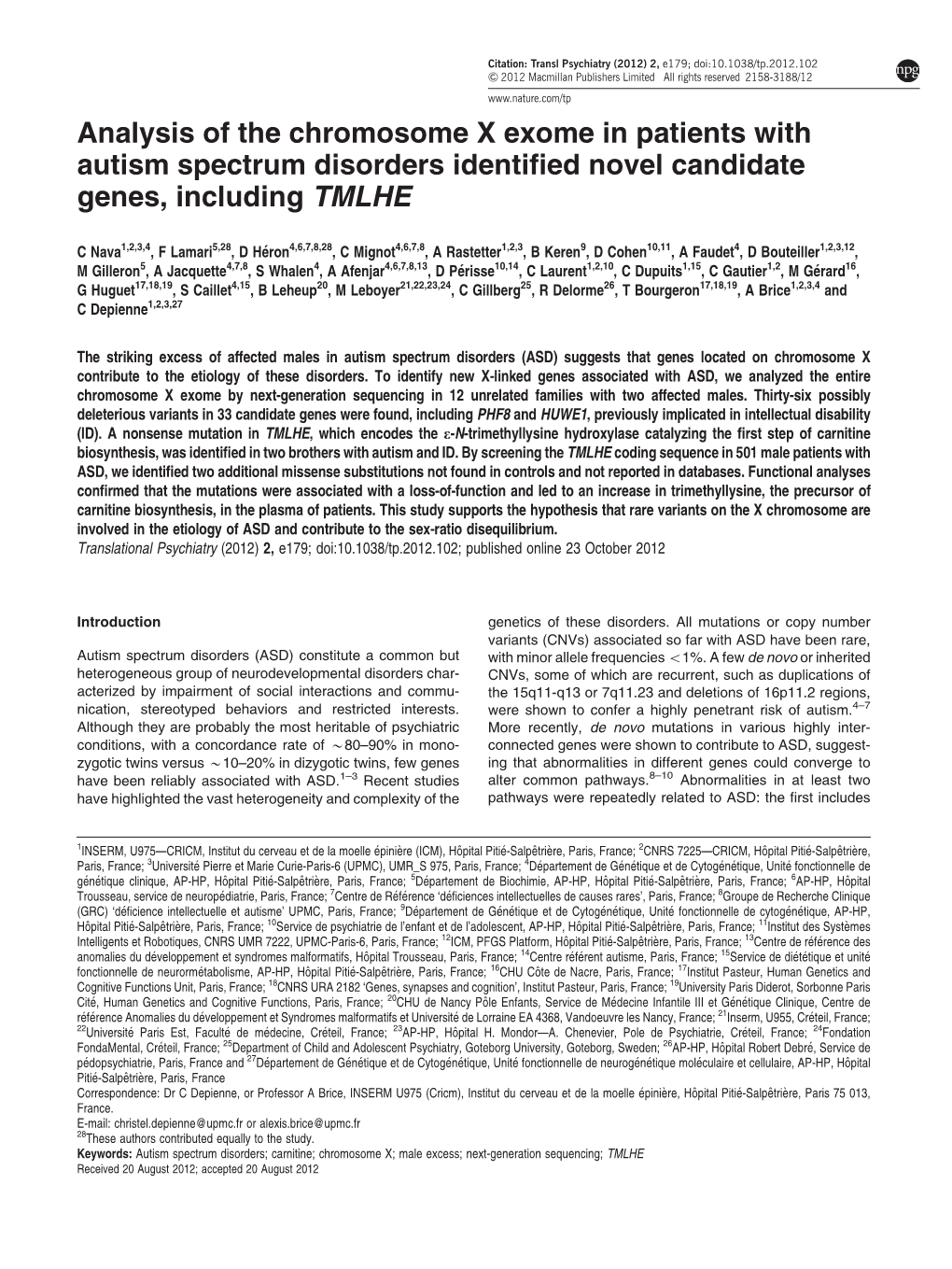 Analysis of the Chromosome X Exome in Patients with Autism Spectrum Disorders Identiﬁed Novel Candidate Genes, Including TMLHE