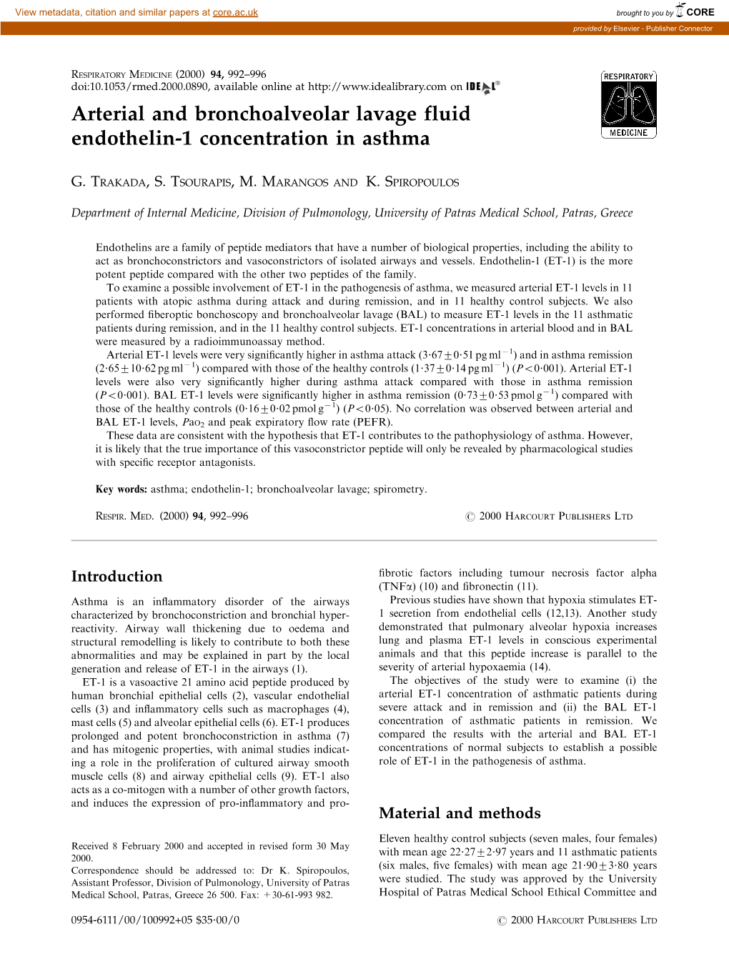 Arterial and Bronchoalveolar Lavage Fluid Endothelin-1 Concentration in Asthma